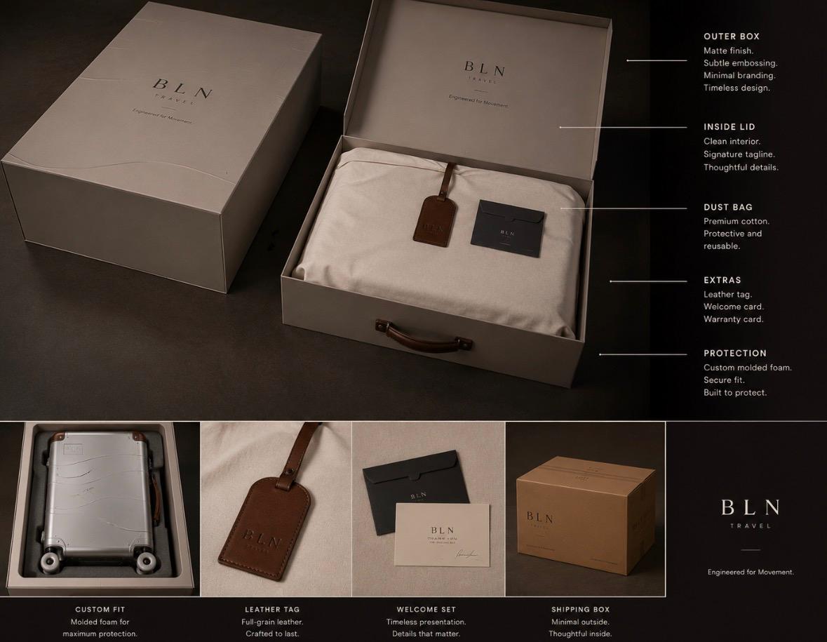 BLN Travel unboxing — outer box, dust bag, leather tag, welcome card, custom foam, shipping box